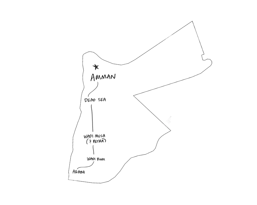 Handdrawn map of Jordan showing the rough distances from Amman to the Dead Sea, Petra, Wadi Rum, and Aqaba